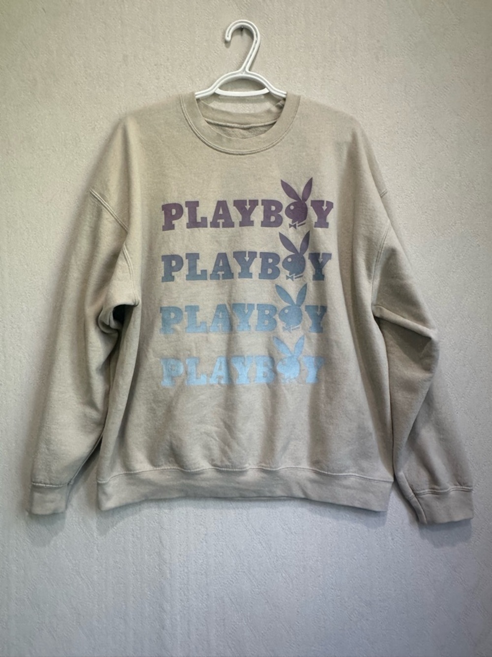 PLAYBOY Stacked Logo Crewneck Sweatshirt - Beige with Purple & Blue Logos